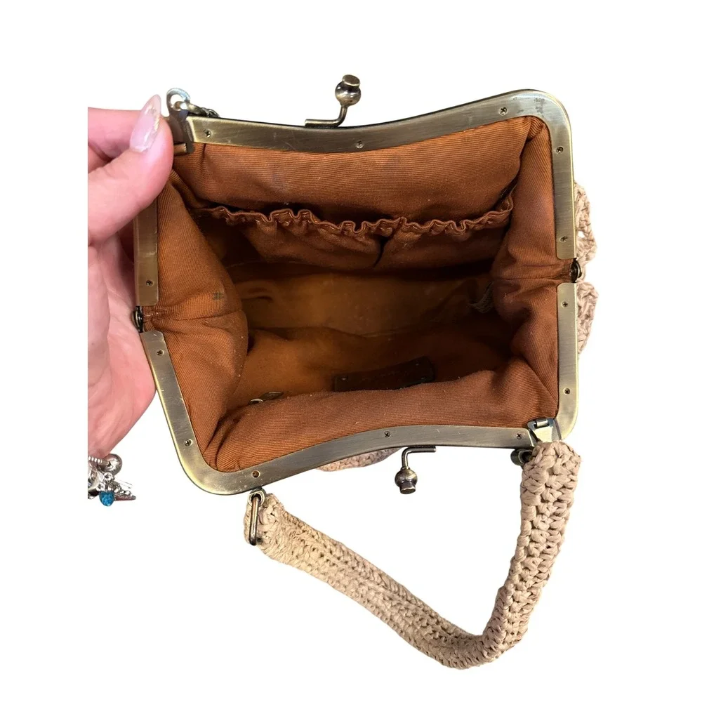 Patricia Nash Straw Frame Bag Women Tan‎ Crochet Tiered Kiss Lock Crossbody
